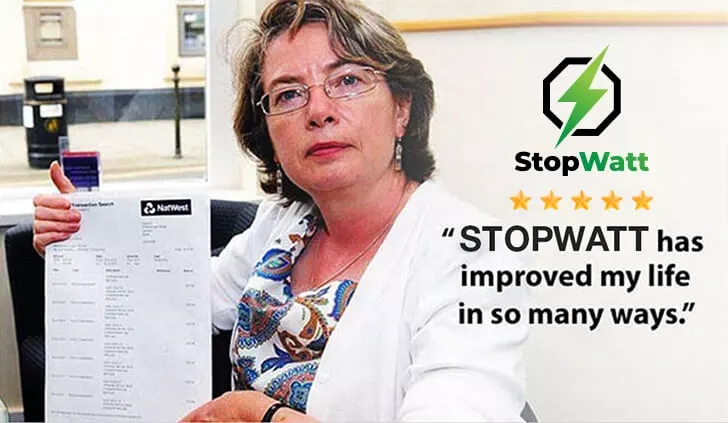 Seller testimonial graphic showing a woman with a bill, five stars and a claim that StopWatt improved her life