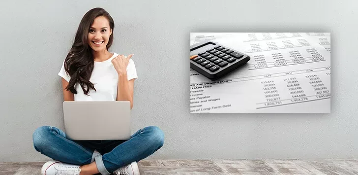 Seller stock illustration of a smiling woman with a laptop beside a picture of a calculator and printed financial statements